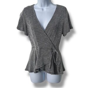 Caution To The Wind Blouse Women’s S/M Black and White Wrap Peplum Tie Top Boss